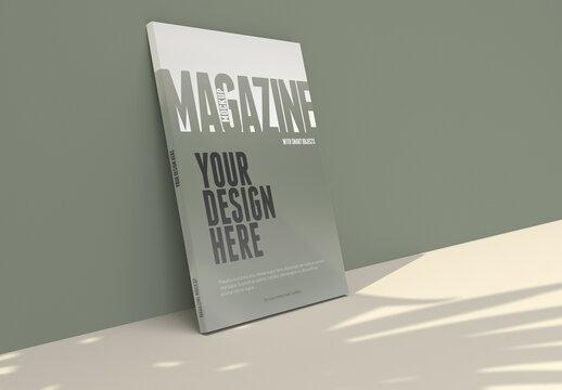 Magazine Mockup on a Clean Dry Green Wall With Leafs Shadows