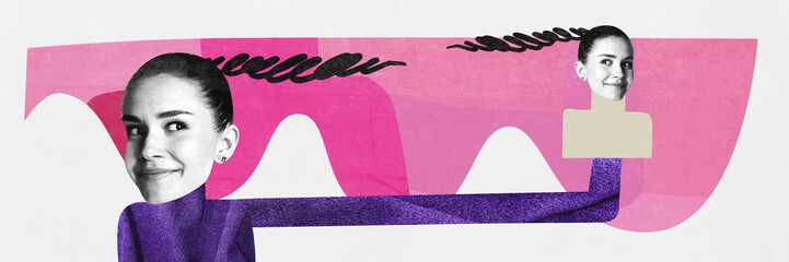 Contemporary art collage. Woman with pleased facial expression holding glove puppetry doll. Alter ego concept. Concepts of psycholody, addiction, emotions, character.