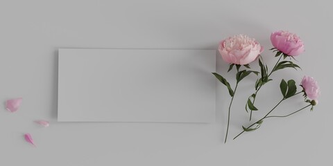 Beautiful peony flowers on white background, copy space for your text, top view. Happy mothers day greeting card mockup. International Woman Day. Valentines day template.3d rendering