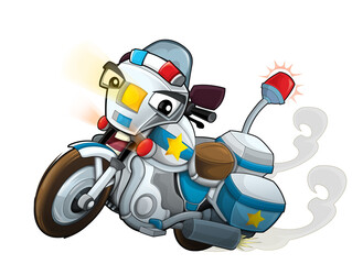 Cartoon motorcycle police policeman driving to the rescue illustration for children