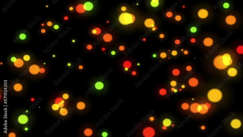 Poster flying multicolor particles circle animation like bokeh background, particle flying over black backg