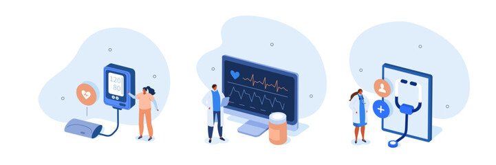 Medical illustration set. Doctor measuring patients blood pressure, examining pulse and cardiogram on EKG monitor. Heart disease screening and diagnostic concept. Vector illustration.