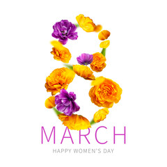 Fototapeta International Women's Day. Number eight from purple yellow flowers isolated on white background. With clipping path. Flower card, floral composition. Spring, holiday, layout, art. Mockup obraz