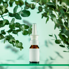 Organic eucalyptus moisturizing nasal spray with fresh eucalyptus leaves on glass shelf on blue...