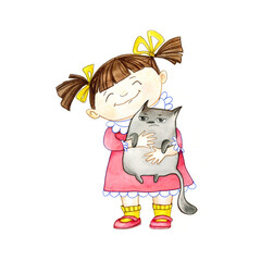 girl in a red dress hugging a black cat