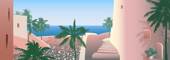 Vector image, a street in a tropical city with palm trees and houses