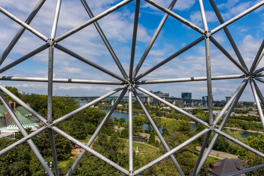Montreal, Canada - August 27, 2022: Metallic Cell structure of Biosphere museum in Montreal