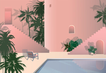 Vector image, courtyard in a tropical city with palm trees and a swimming pool