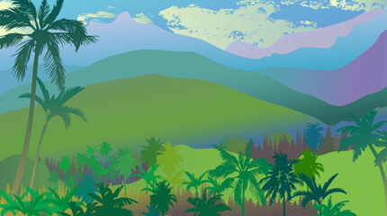 Vector image, tropical landscape. panorama with palm trees and mountains