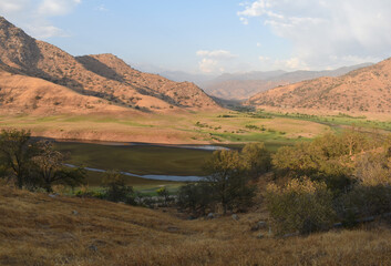 View of mountains and river in the valley, US national park, California hills background, beautiful...