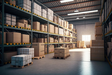 Modern large warehouse with shelfs, boxes and products conceptual illustration.