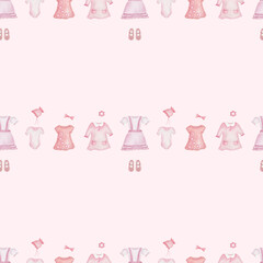 Watercolor seamless pattern. Hand painted illustration of children clothes: dress, t-shirt, shoes, bodysuit, bonnet. Girl clothes. Baby shower. Print on pink background for fabric textile, packaging