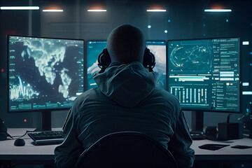 It specialist works at laptop with big display,view from the back.