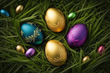 Fototapeta na wymiar Joyful Easter Celebrations with Cute Rabbits and Colorful Eggs with AI Generative
