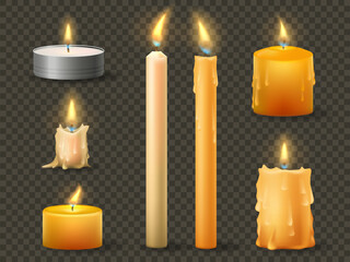 A realistic burning candles. Different types of a celebration wax candles.