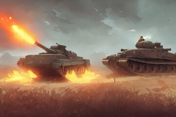 Fototapeta na wymiar Scene of war tank in war battlefield with air, fire.