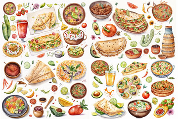 Obraz na płótnie Canvas Watercolor illustration of mexican dishes collection on white background - AI generative