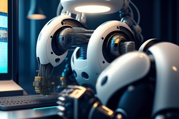 futuristic robot repairing a computer  AI 