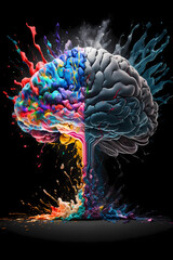 Human brain exploding with multicoloured paint against a black background, the concept of creativity and wisdom. Generative AI