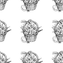 Hand-drawn seamless sketch  pattern of an Easter basket with eggs and flowers.  Easter Holiday. Vector illustration. Vintage style.