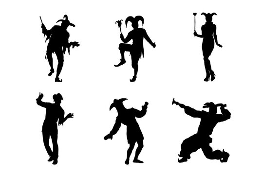 Set of silhouettes of jester vector design