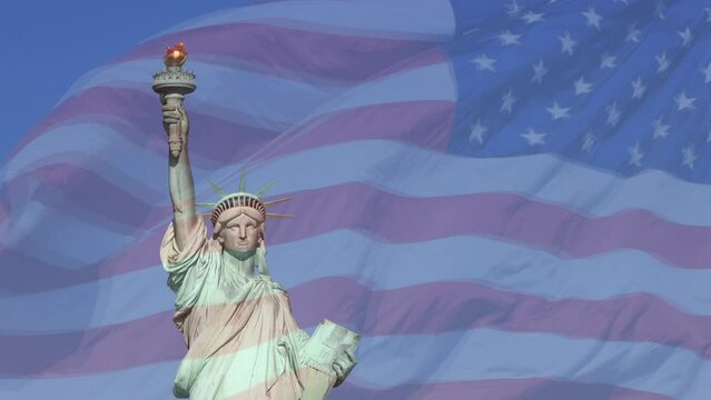 statue of liberty with american flag