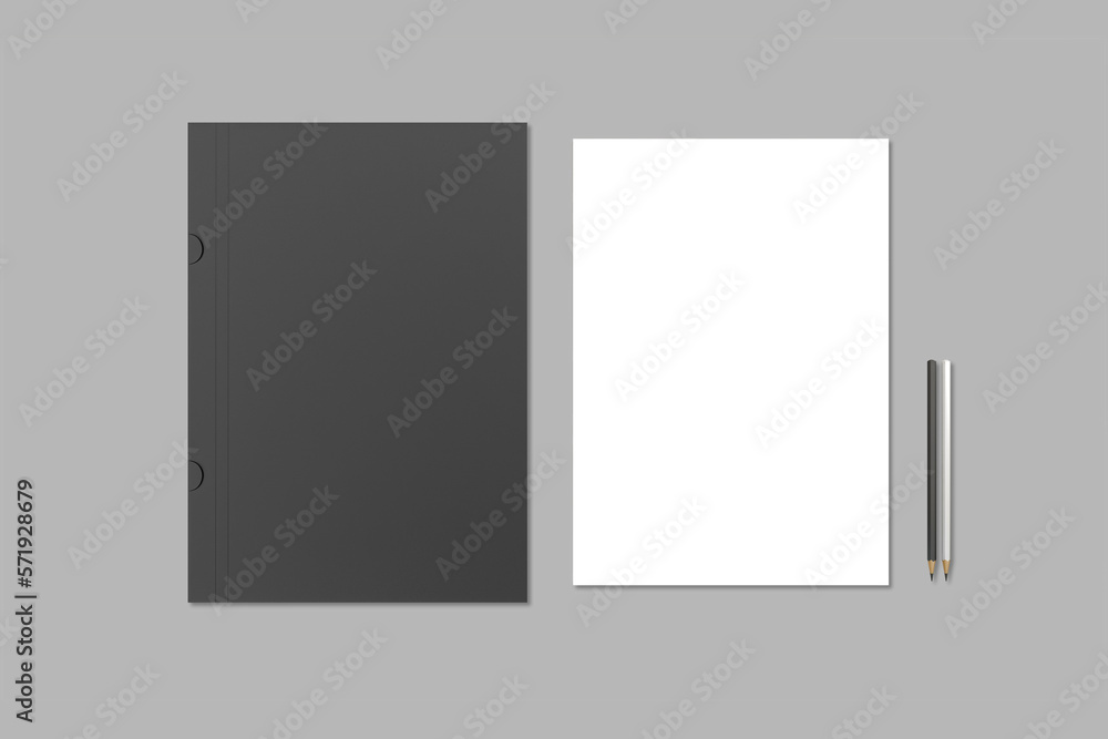 Poster paper folder and a4 paper sheet with black and white pencils. mockup isolated on a grey background. 