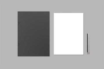 Paper Folder and A4 paper sheet with black and white pencils. Mockup isolated on a grey background. Branding identity concept. 3d rendering.