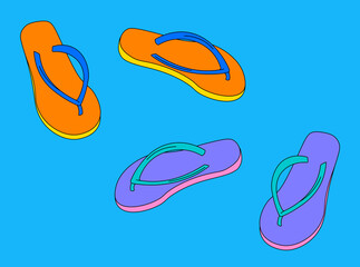 Orange and purple tsinelas (flip-flops) on a blue background