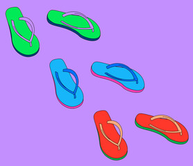 Green, blue and red tsinelas (flip-flops) on a purple background