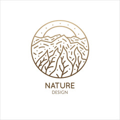 Mountain landscape logo. Vector linear round icon of nature with a sun, trees. Minimal logotype for business emblems, badge for a travel, tourism and ecology concepts, health and yoga Center.