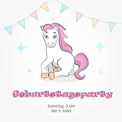 Invitation to the birthday party of a baby girl in German (Geburtstagsparty) with a pony in pink. Vector illustration