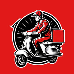 Food delivery logo courier riding on scooter with food box on red background.