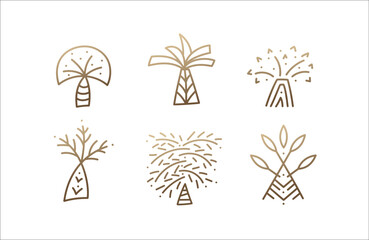 Set of palm trees icons. Abstract outline decorative emblems of palms. Linear style. Vector badges of tropical plants for design, flower shop, cosmetics, ecology and travel concepts, health, spa, yoga