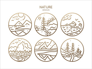 Vector set logo of natural landscape. Nature elements, round linear icons. Decorative ornamental emblem. Linear abstract labels - business design, badge for travel, farming and ecology, health concept