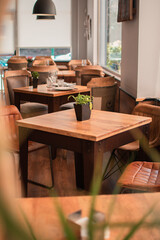 Mesa de madera con una planta encima con mesas alrededor vacías en un restaurante de lujo