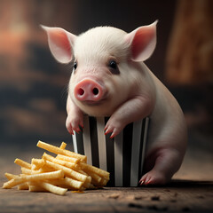 Cute pig, eat french fries.Generative AI