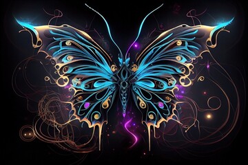 Neon butterfly. Bright and beautiful butterfly in neon lights. Abstract neon butterfly, artwork design, digital art, glowing, space background. Generative AI