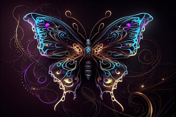 Neon butterfly. Bright and beautiful butterfly in neon lights. Abstract neon butterfly, artwork design, digital art, glowing, space background. Generative AI
