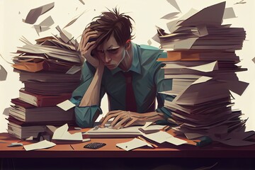 homme au milieu de piles de papiers sur son bureau - illustration ia. Generative AI