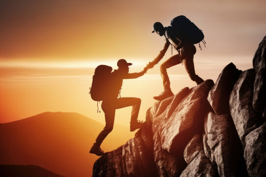 A couple of hikers help each other to climb a mountain. Concept of helping others and being helpful