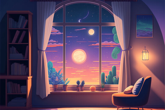Lofi style room. Round window view. Moon and stars, plants, cactus, bookshelf, lights. No people. Anime. Cartoon. Manga. Chill positive calm atmosphere and colors. Blue, purple, pink. Generative AI.
