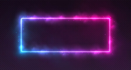Neon rectangle with smoke and sparkles, gradient LED border with fog and glowing particles. Modern futuristic frame, cosmic banner with pink, blue and purple colors. Vector illustration.