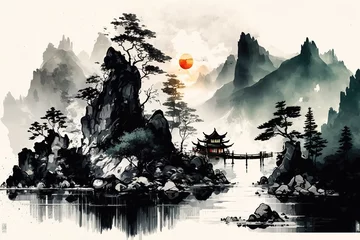 Foto op Plexiglas AI generated, Chinese ink landscape map © evening_tao