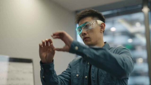 Young man wearing futuristic glasses,4K