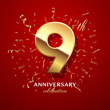 9th Anniversary Celebration. logo design with golden numbers and text for birthday celebration event, invitation, wedding, greeting card, banner, poster, flyer, brochure. Logo Vector Template