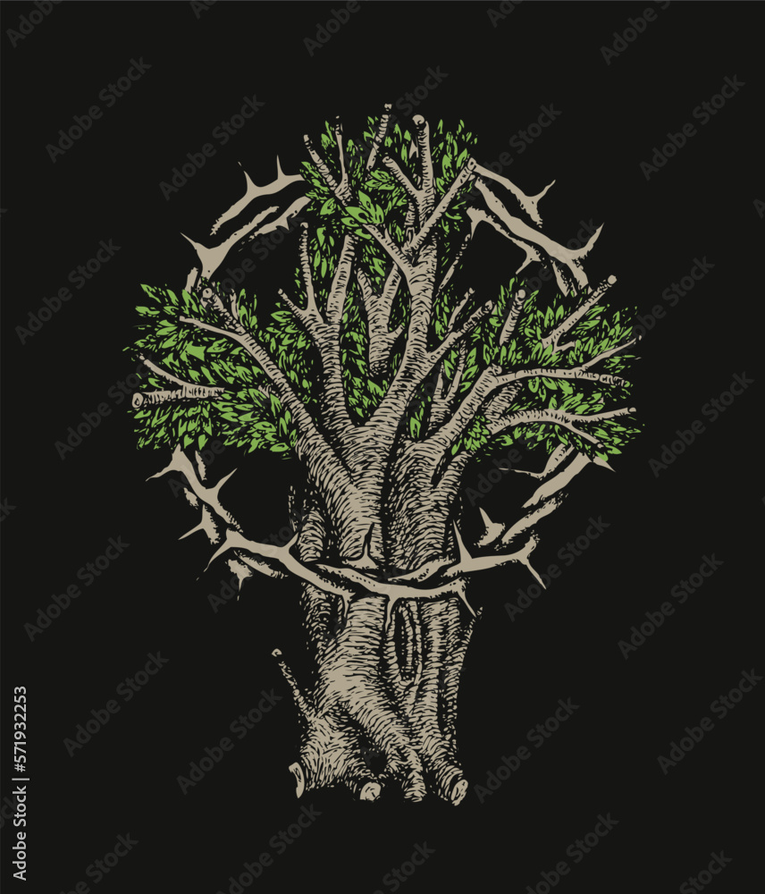 Wall mural concept of a christian cross in the form of a tree with a crown of thorns hand drawn. decorative tre