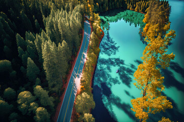 Blue lake in the middle of a green forest, highway in the forest, top view, aerial photography. AI