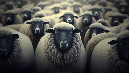 Flock of sheep staring. generative AI