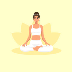 Female cartoon character sitting in lotus posture and meditating. Girl with crossed legs. Colorful flat vector illustration.